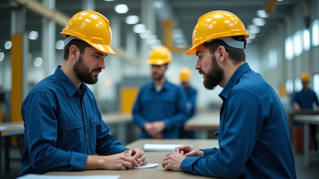 Pracovníci v továrně během schůze k diskusi o pracovních podmínkách
