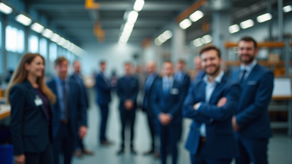 Průmyslový objekt s pracovníky v helmách a reflexních vestách, síť migrace pracovníků