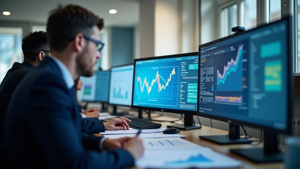 Tým analytiku pracuje s ekonomickými daty, grafy a statistikami, moderní datové centr, profesionální prostředí
