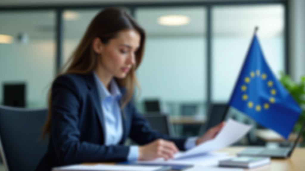 Úředník zpracovávající dokumenty blue card v českém imigračním centru s vlajkami a certifikáty